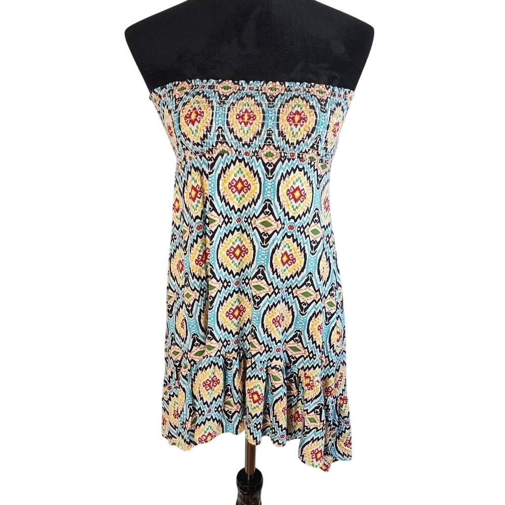 CHA CHA VENTE Sz Small Petite Smocked Strapless Ruffled Asymmetrical Mini Dress
